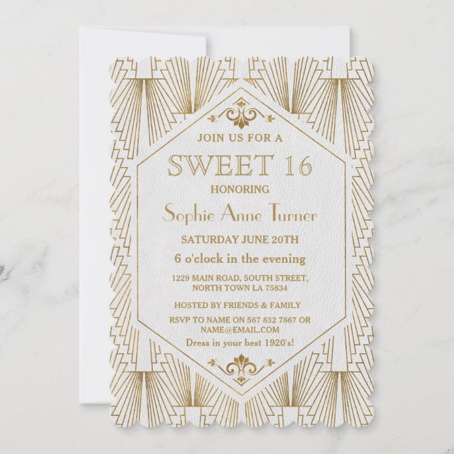 Glam Great Gatsby Art Deco Gold White Sweet 16 Invitation (Front)
