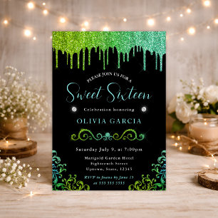 Glam Green and Blue Gradient Glitter Sweet 16 Invitation
