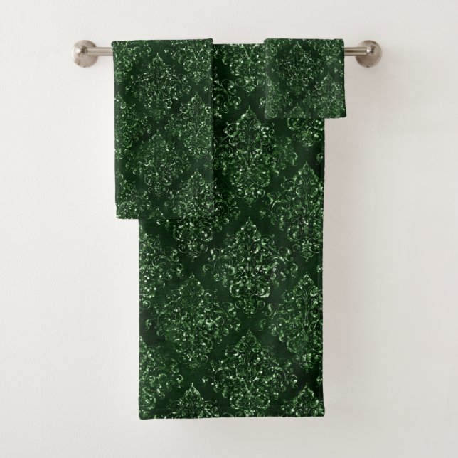 Glam Green Damask Pattern Bath Towel Set (Insitu)