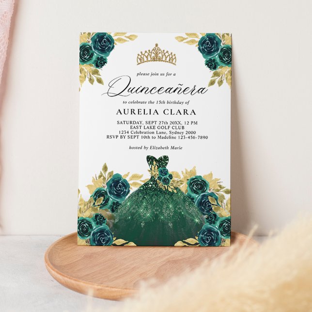 Glam Green Dress Floral 15th Quinceañera Invitation (Creator Uploaded)