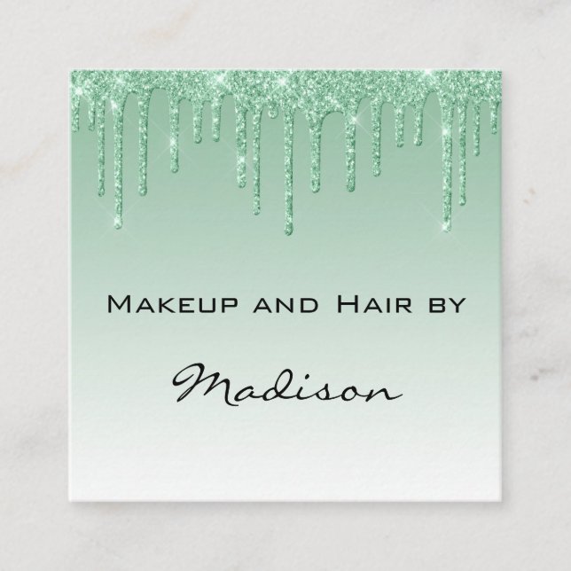 Glam Green Dripping Glitter Drips Makeup Artist Square Business Card (Front)
