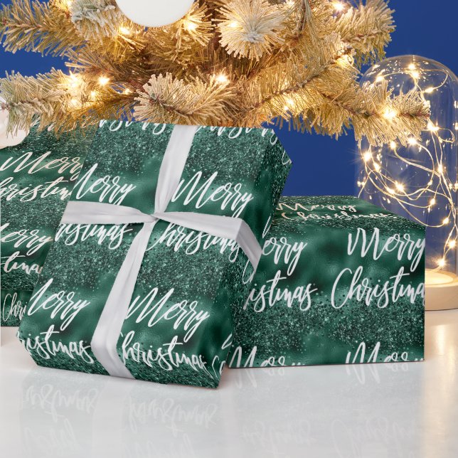 Glam Green Foil Glitter Merry Christmas Script Wrapping Paper (Holidays)