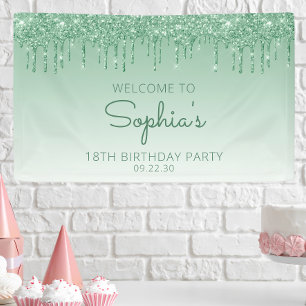 Glam Green Glitter Drip 18th Birthday Party Banner