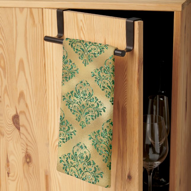Glam Green Gold Damask Pattern Tea Towel (Thirds Fold)