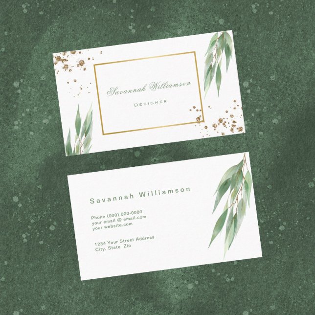 Glam Green Gold Eucalyptus Customisable Business Card (Creator Uploaded)
