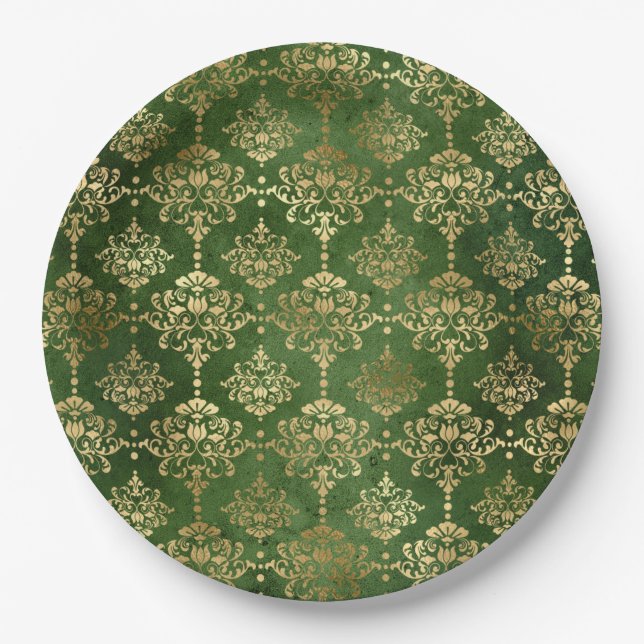 Glam Green Gold Pattern Christmas Paper Plate (Front)