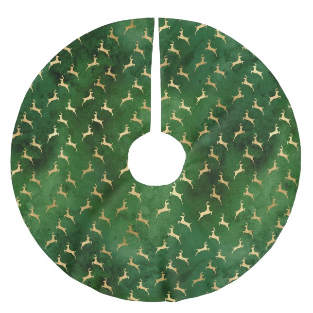 Glam Green Gold Reindeer Christmas Brushed Polyester Tree Skirt (Front)