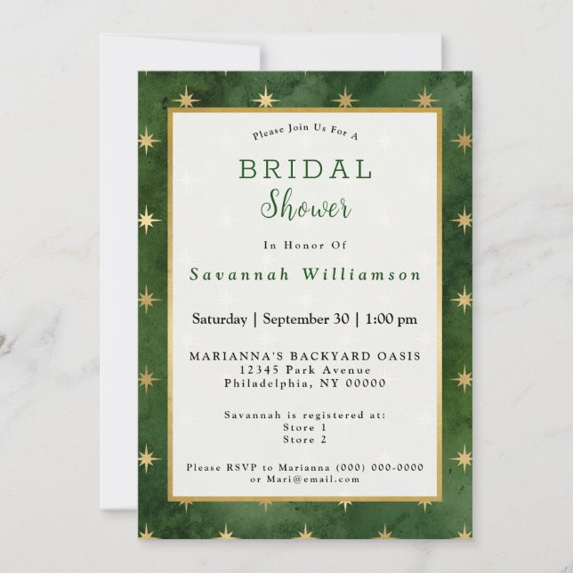 Glam Green Gold Stars Bridal Shower Invitation (Front)