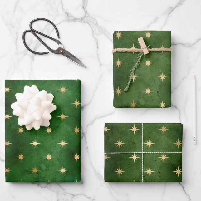 Glam Green Gold Stars Christmas Wrapping Paper Sheet (Front)