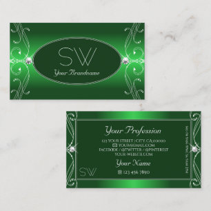 Glam Green Gradient Ornate Sparkle Jewels Initials Business Card