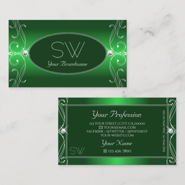 Glam Green Gradient Ornate Sparkle Jewels Initials Business Card (Front/Back)