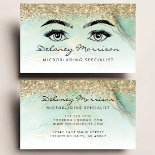 Glam Green Marble Gold Glitter Eyes Microblading Business Card