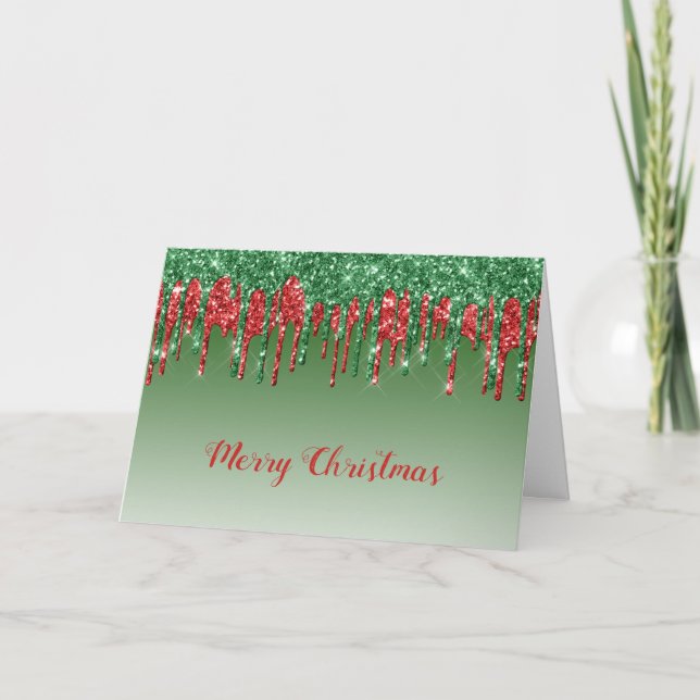 Glam Green Red Glitter Drips Christmas Holiday Card (Front)