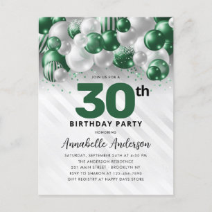 Glam Green Silver Balloon Glitter 30th Birthday Postcard