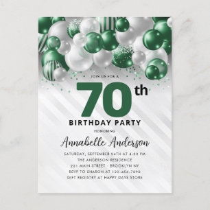 Glam Green Silver Balloon Glitter 70th Birthday Postcard