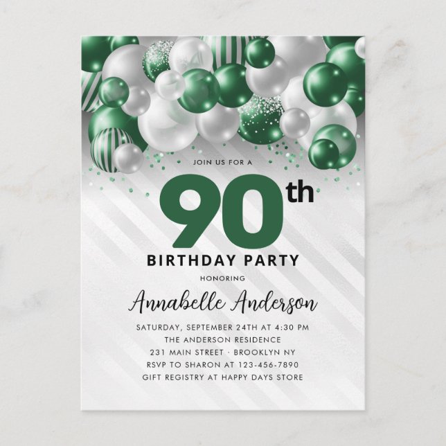 Glam Green Silver Balloon Glitter 90th Birthday  Postcard (Front)