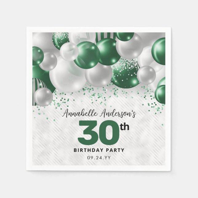 Glam Green Silver Balloon Glitter Favour Birthday Napkin (Front)