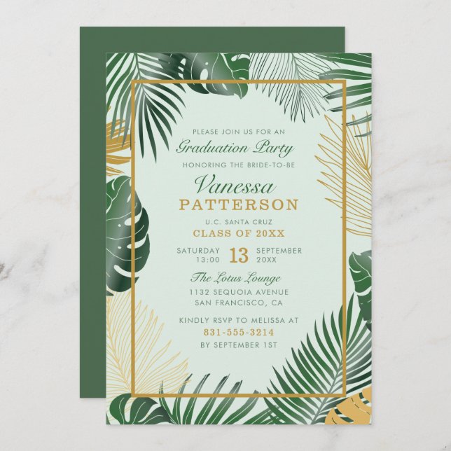 Glam Green Tropical Leaves Trendy Graduation Invitation (Front/Back)
