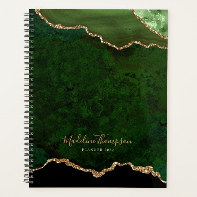 Glam Green Velvet Agate Geode Gold Script Planner (Front)