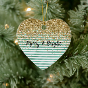 Glam Green White Stripes Gold Glitter Ceramic Tree Decoration
