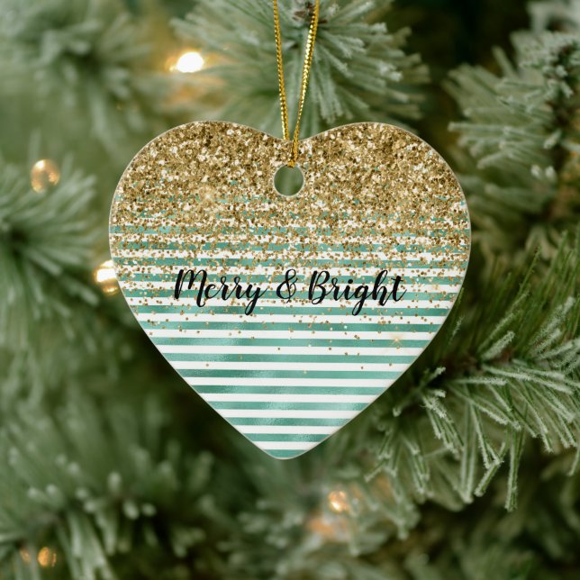 Glam Green White Stripes Gold Glitter Ceramic Tree Decoration (Tree)