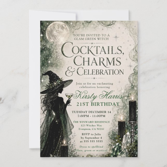 Glam Green Witch 21st Birthday Invitation (Front)