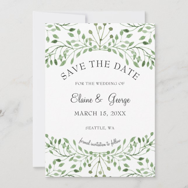 Glam Greenery wedding save the date cards (Front)