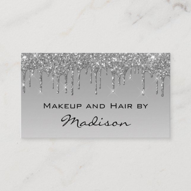 Glam Grey Silver Glitter Drips Makeup Artist Business Card (Front)