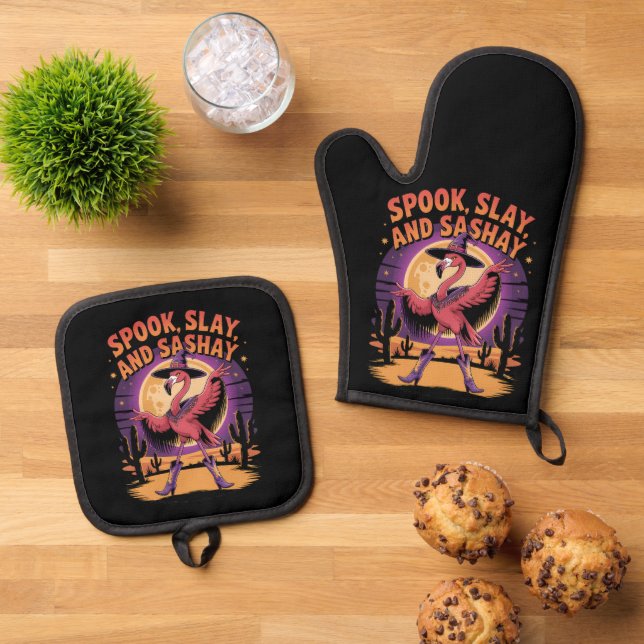 Glam Halloween Flamingo Humour Oven Mitt & Pot Holder Set (Top Down)