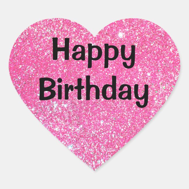 Glam Happy Birthday Black Hot Pink Glitter Sparkle Heart Sticker (Front)