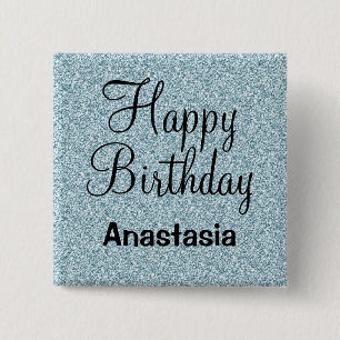 Glam Happy Birthday Blue Silver Glitter Sparkles 15 Cm Square Badge