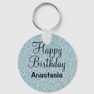 Glam Happy Birthday Blue Silver Glitter Sparkles Key Ring