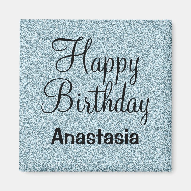 Glam Happy Birthday Blue Silver Glitter Sparkles Magnet (Front)