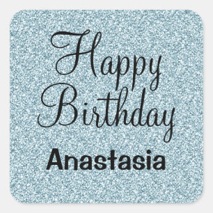 Glam Happy Birthday Blue Silver Glitter Sparkles Square Sticker