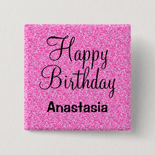 Glam Happy Birthday Hot Pink Glitter Sparkle Name 15 Cm Square Badge
