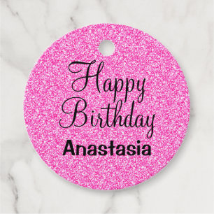 Glam Happy Birthday Hot Pink Glitter Sparkle Name Favour Tags