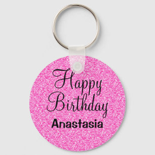 Glam Happy Birthday Hot Pink Glitter Sparkle Name Key Ring