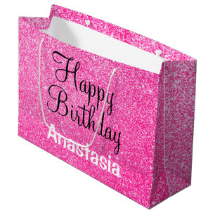 Glam Happy Birthday Hot Pink Glitter Sparkle Name Large Gift Bag