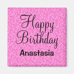 Glam Happy Birthday Hot Pink Glitter Sparkle Name Magnet