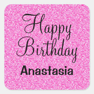Glam Happy Birthday Hot Pink Glitter Sparkle Name Square Sticker