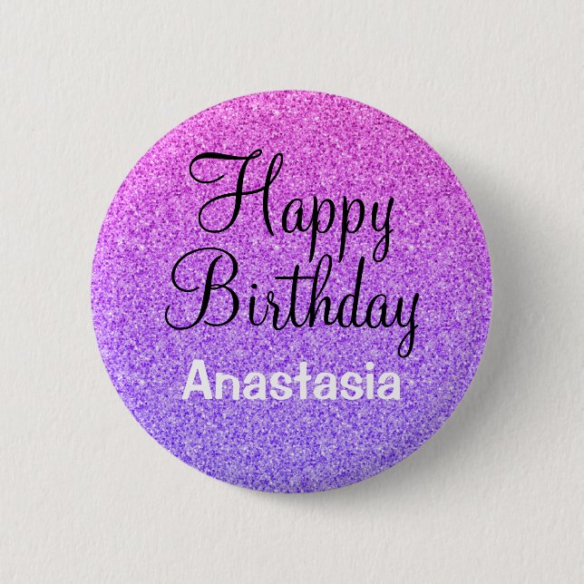 Glam Happy Birthday Ombre Purple Glitter Sparkles 6 Cm Round Badge (Front)