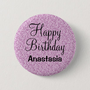 Glam Happy Birthday Purple Glitter Sparkle Name 6 Cm Round Badge