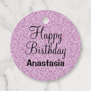 Glam Happy Birthday Purple Glitter Sparkle Name Favour Tags