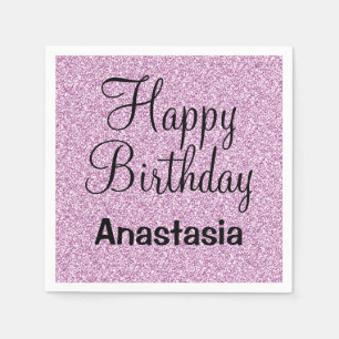 Glam Happy Birthday Purple Glitter Sparkle Name Napkin