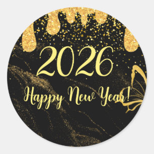 glam happy new year gold glitter   classic round sticker