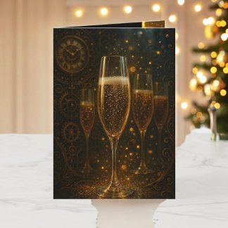 Glam Happy New Year Steampunk Champagne Holiday Card