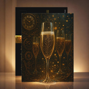 Glam Happy New Year Steampunk Champagne  Holiday Postcard