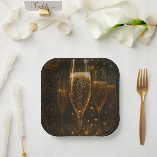 Glam Happy New Year Steampunk Champagne  Paper Plate (Wedding)