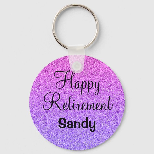 Glam Happy Retirement Ombre Purple Glitter Sparkle Key Ring (Front)
