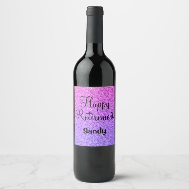 Glam Happy Retirement Ombre Purple Glitter Sparkle Wine Label (Front)